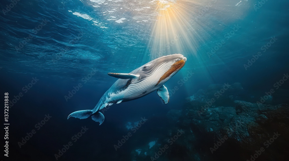 Naklejka premium Whale swimming underwater, sunbeams (1)