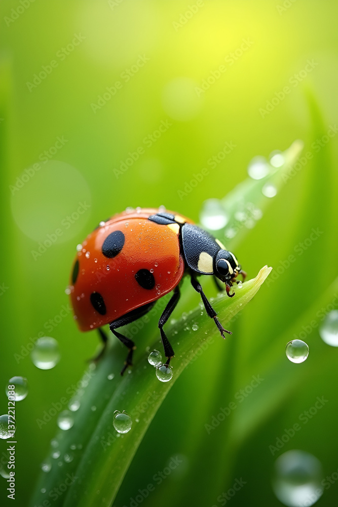 Naklejka premium Red ladybug peacefully perched on a dew-covered green grass blade against a blurred background