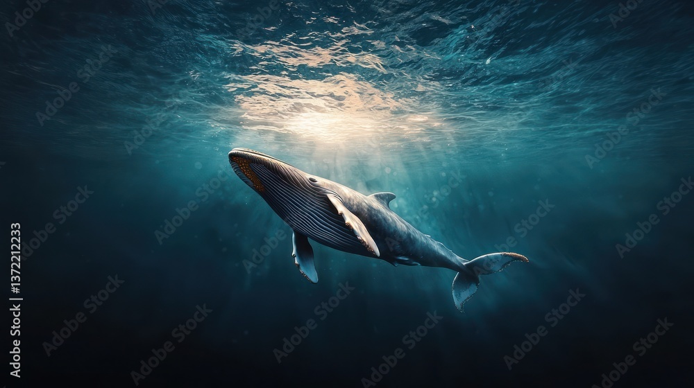 Fototapeta premium Whale swimming underwater, sunbeams