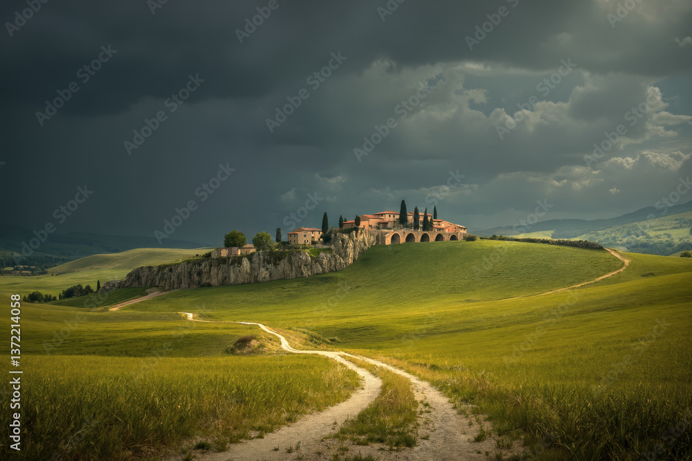 Fototapeta premium Landscape image of old village and dirt road on idyllic rolling hills