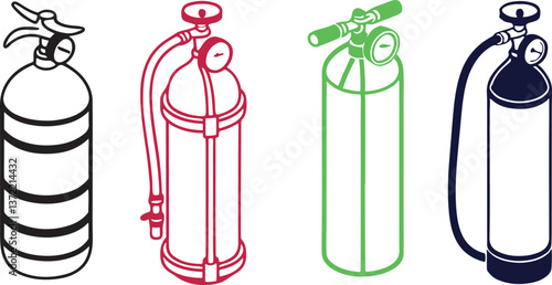 A set of line art illustrations of oxygen tanks in different positions