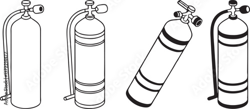 A set of line art illustrations of oxygen tanks in different positions