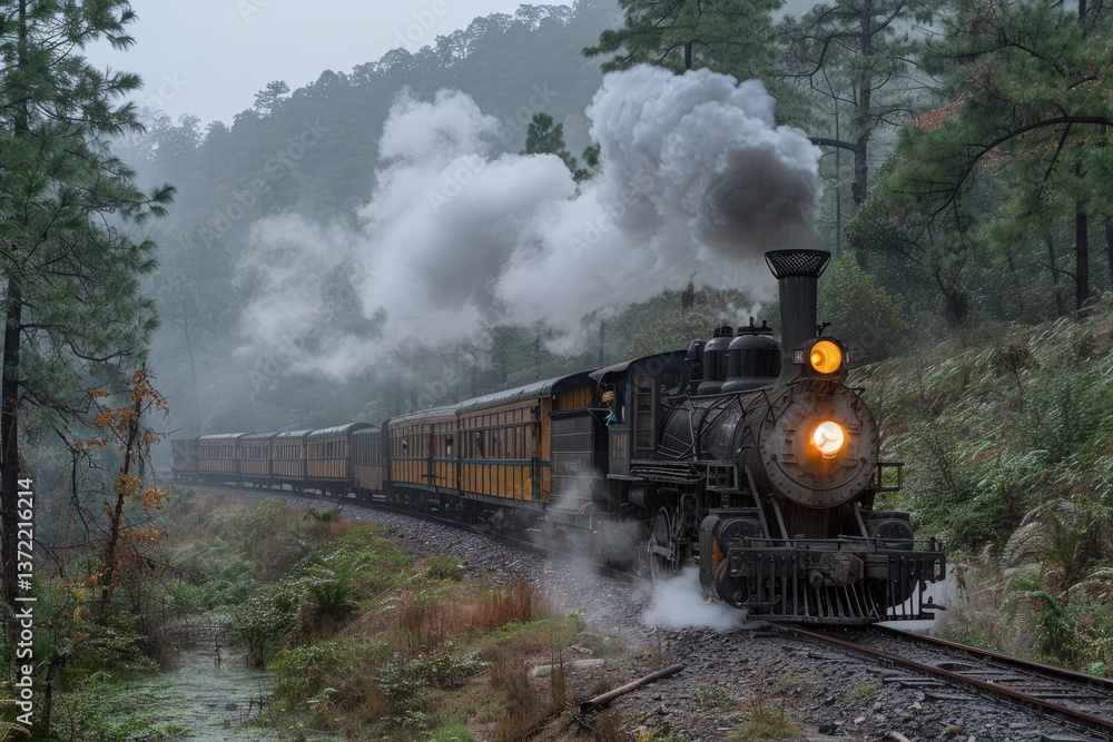 Fototapeta premium A historic steam train travels through a misty forested mountain