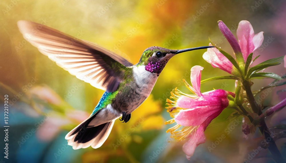 Fototapeta premium A hummingbird hovering near a blooming flower, wings blurred in motion with vibrant colors popping in the background.