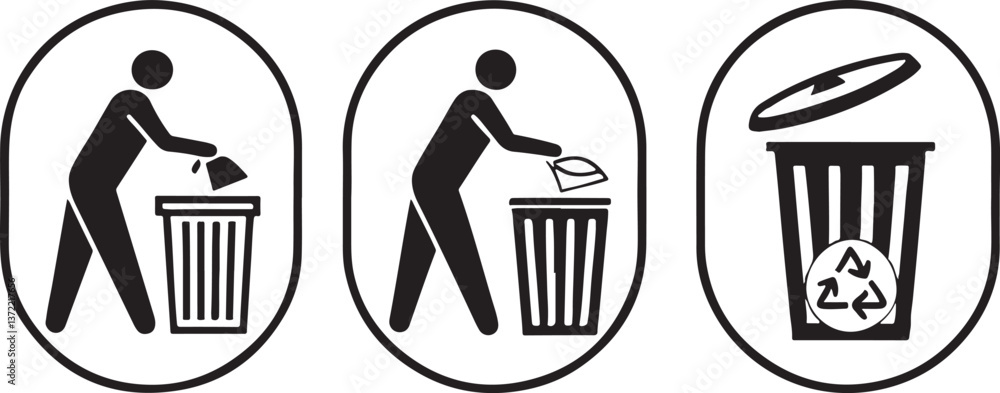Isolated black and white vector illustration of a girl, a trash icon Isolated black and white vector illustration of a girl, a trash icon