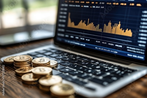 A laptop displays financial data alongside golden coins on a desk