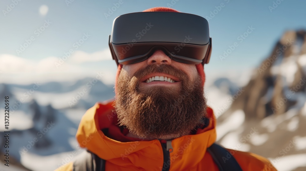 Man enjoys breathtaking mountain view while wearing virtual reality headset during a bright sunny day Man enjoys breathtaking mountain view while wearing virtual reality headset during a bright sunny day