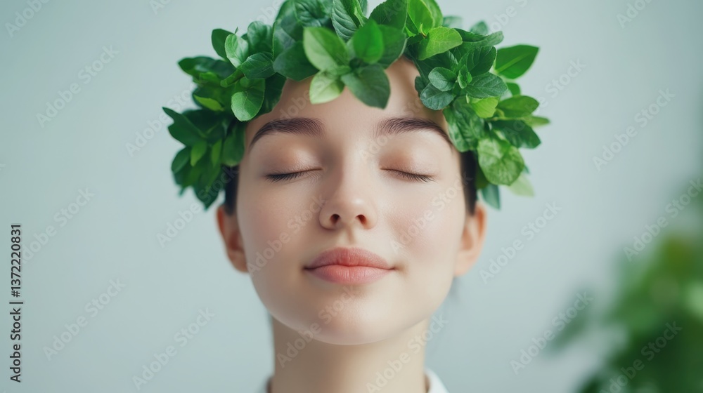 Young woman with a green leaf crown meditating in a bright, serene indoor space surrounded by plants Young woman with a green leaf crown meditating in a bright, serene indoor space surrounded by plants