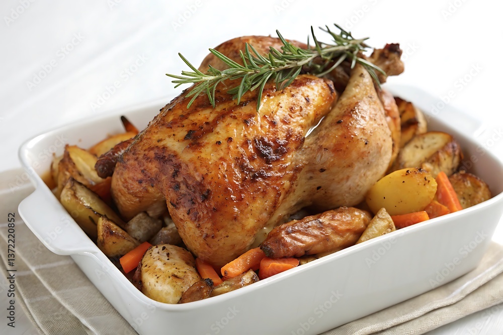 Roasted chicken with potatoes carrots rosemary in white baking dish warm golden tones Roasted chicken with potatoes carrots rosemary in white baking dish warm golden tones