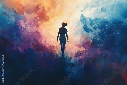 Wallpaper Mural A silhouette of a person walking forward through colorful abstract art Torontodigital.ca