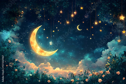 The illuminated crescent moon and stars within a dreamy night sky
