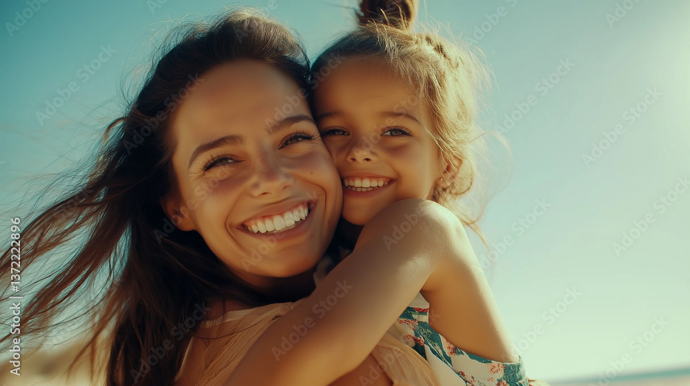 Happy mother and daughter smiling and hugging on the beach Happy mother and daughter smiling and hugging on the beach
