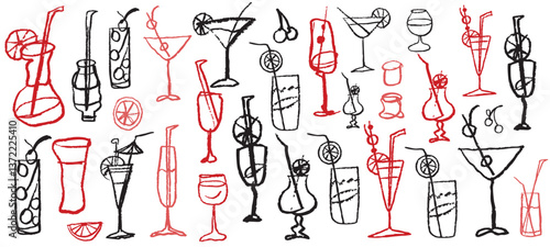 Isolated vector set of wine and alcoholic beverage glasses and tumblers. Hand drawn sketch.Red and black drawing on white background.Cocktails, martini, whiskey, cognac, vodka, gin tonic, beer, brandy