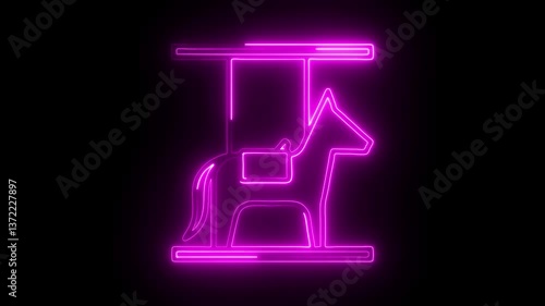 Glowing neon horse carousel icon isolated on black background. HD Video motion graphic animation