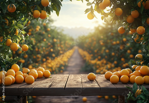 A vacant wooden table with ample space, set against the backdrop of orange trees under a blue sky in an orange orchard.

