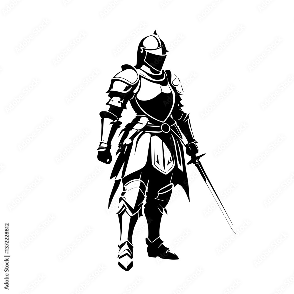 Black and White Illustration of a Knight in shining armor stands ready for battle with sword drawn Black and White Illustration of a Knight in shining armor stands ready for battle with sword drawn
