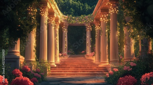 Ancient garden pathway, lit by warm sun, leading to hidden grove.  Possible use  background, wedding