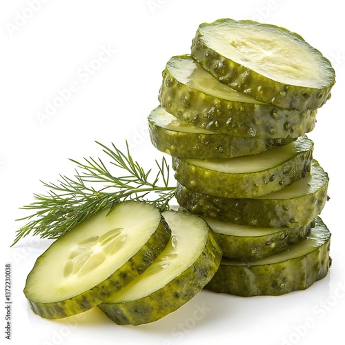 very realistic photo of a stack of sliced dill pickles on a white background, product photo style, highly detailed