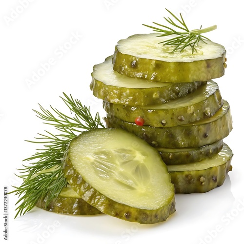 very realistic photo of a stack of sliced dill pickles on a white background, product photo style, highly detailed