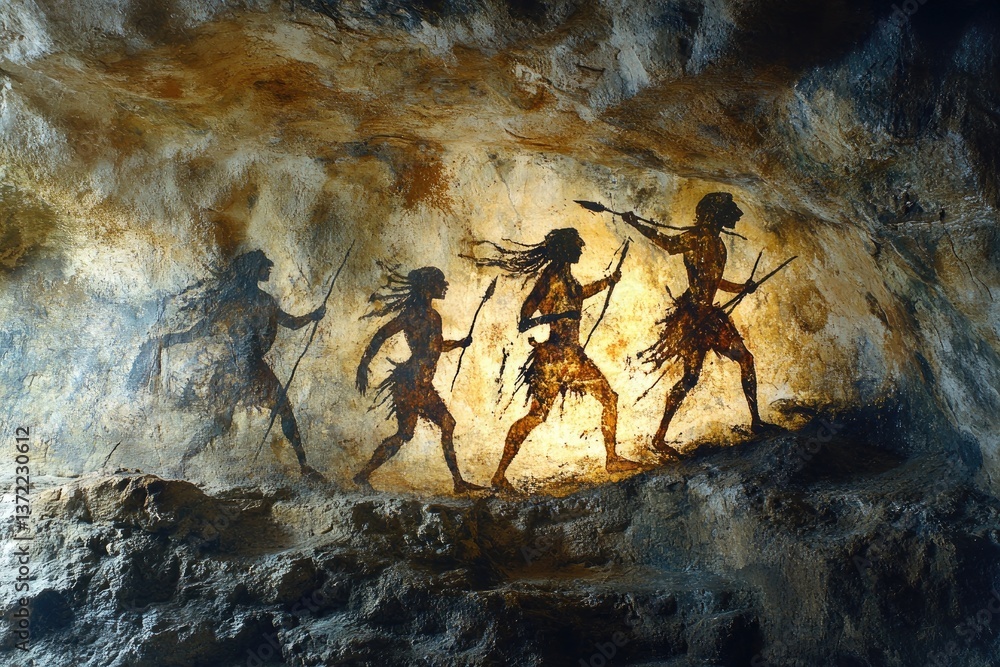 Naklejka premium Prehistoric cave painting depicting hunters with spears in rocky cave