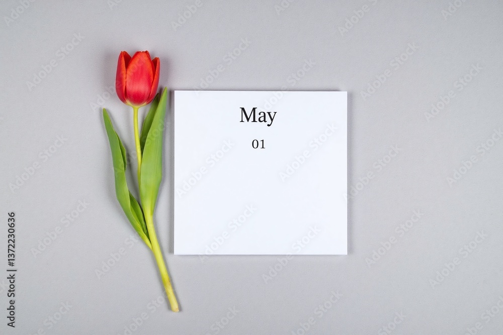 Fototapeta premium white calendar with the date 01 may next to a red tulip