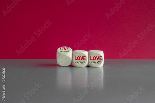 Obraz na płótnie The expression 'live every moment, love everyday, love beyond words' on wooden cubes. Beautiful red background. Inspirational quote w salonie