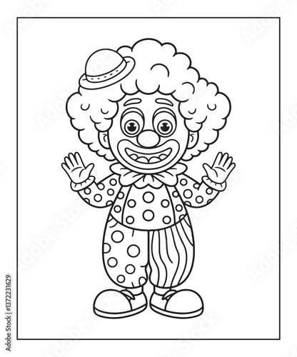 Funny clown coloring page for kids, black line art vector illustration on white background
