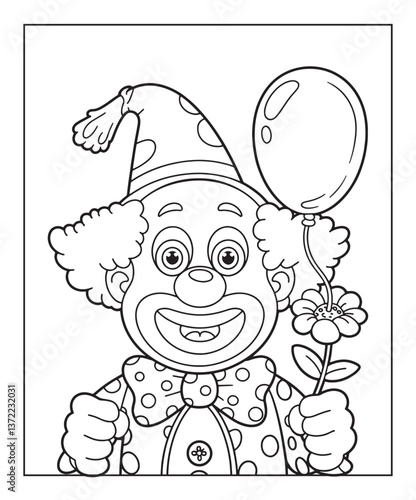 Funny clown coloring page for kids, black line art vector illustration on white background