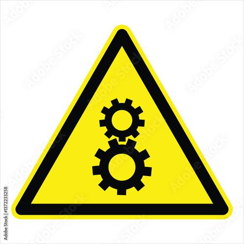 Yellow triangular warning sign depicting two black interlocking rotating gears, symbolizing potential danger from moving parts