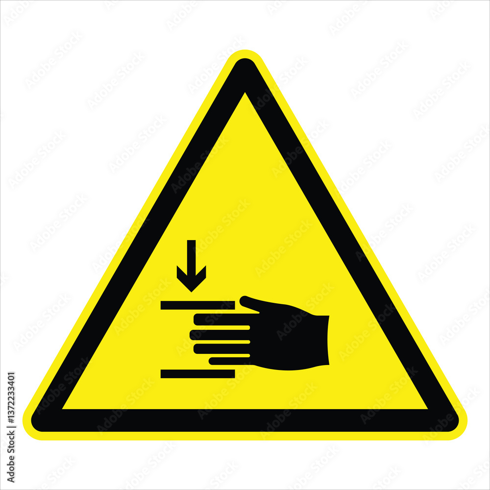 Yellow triangular warning sign indicating a hand crushing hazard, promoting workplace safety and preventing accidents Yellow triangular warning sign indicating a hand crushing hazard, promoting workplace safety and preventing accidents