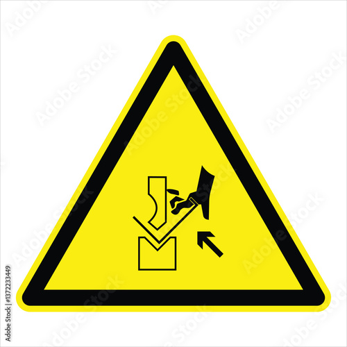 Yellow triangular warning sign indicating a hand crushing hazard, emphasizing workplace safety and preventing accidents