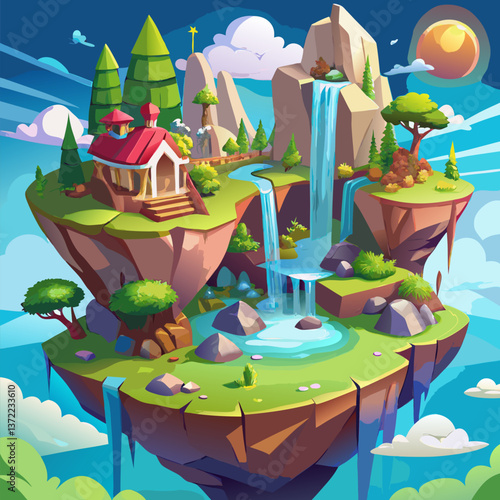 Floating Island Waterfalls Magical Ruins Vector