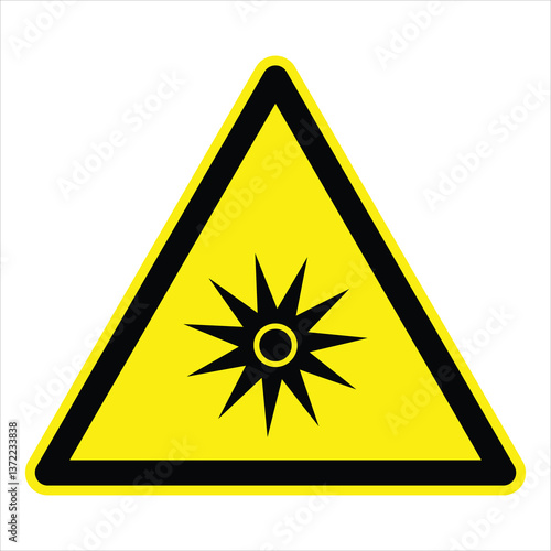 Yellow triangular warning sign indicating optical radiation representing laser beam hazard