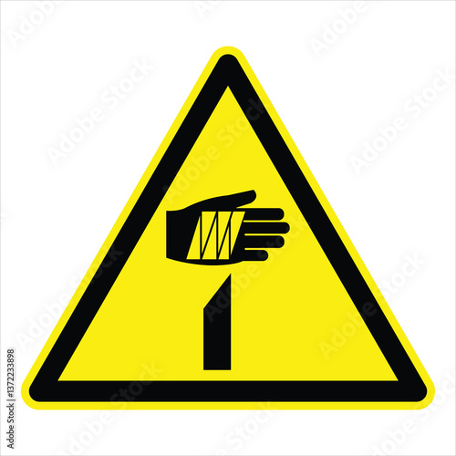 Yellow triangular warning sign depicting rotating parts crushing a bandaged hand, emphasizing workplace safety and industrial hazards