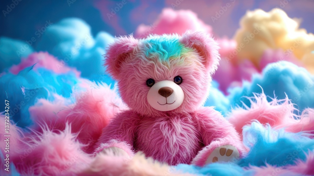 Fototapeta premium Colorful Teddy Bear in a Dreamlike Cloudy Background