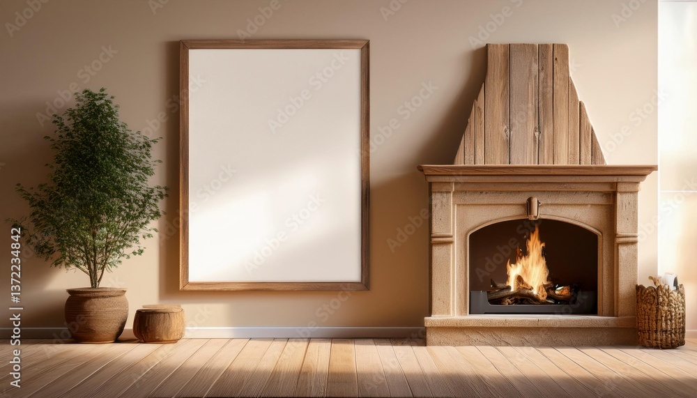 Empty Beige Wall Mockup in Rustic Interior with Barnwood framed Mirror with a Cast Iron Fireplace. Natural Daylight From a Window. Promotion Background. Empty Beige Wall Mockup in Rustic Interior with Barnwood framed Mirror with a Cast Iron Fireplace. Natural Daylight From a Window. Promotion Background.
