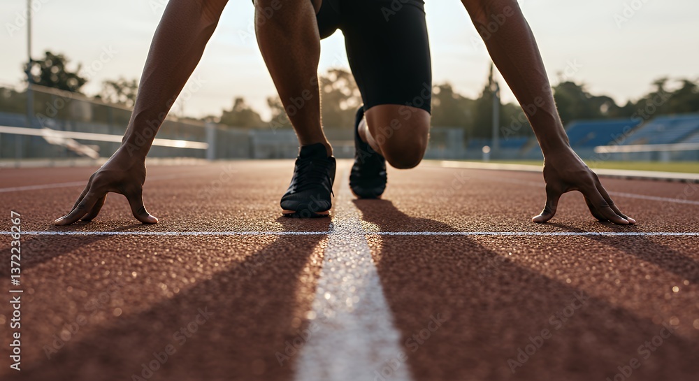 Runner Preparing to Start Sprint on Track with Focus and Determination