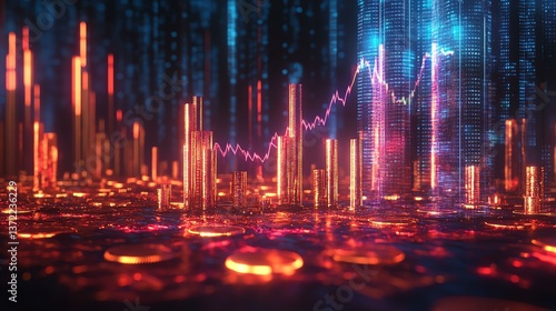 Growth money business increase finance profit. Financial economy concept rise gold strategy cash currency. Futuristic data visualization with vibrant colors.