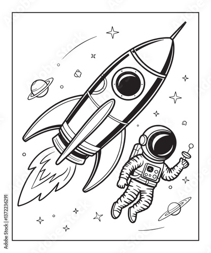 Rocket in space coloring page for kids, black line art vector illustration on white background