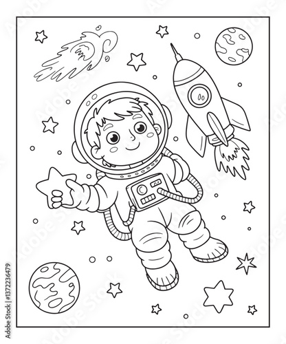Astronaut in space coloring page for kids, black line art vector illustration on white background