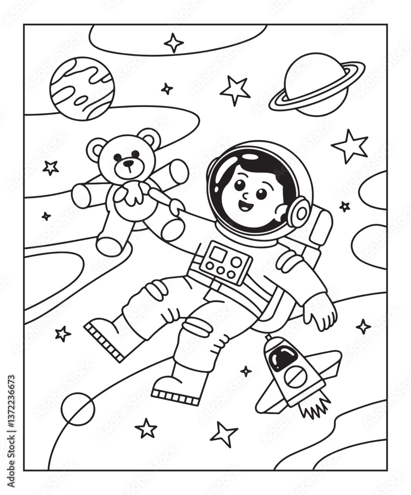 Obraz premium Astronaut in space coloring page for kids, black line art vector illustration on white background