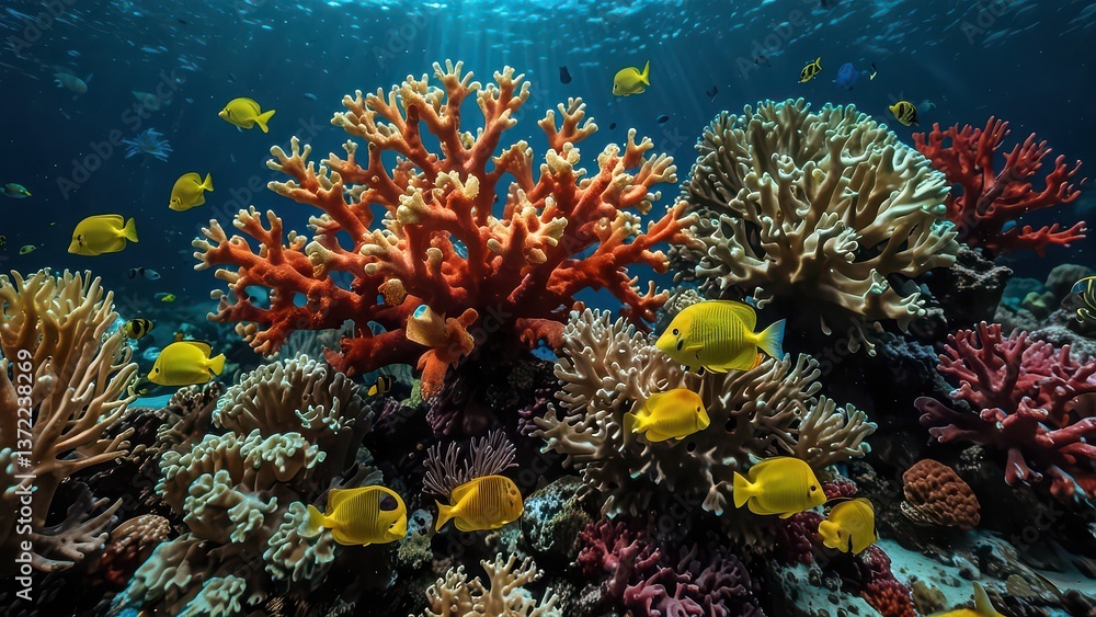 Obraz premium Vibrant Coral Reef Ecosystem with Colorful Fish, Sunlight Piercing the Water's Surface 