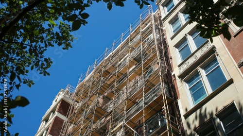 City building facade renovation under scaffolding with trees