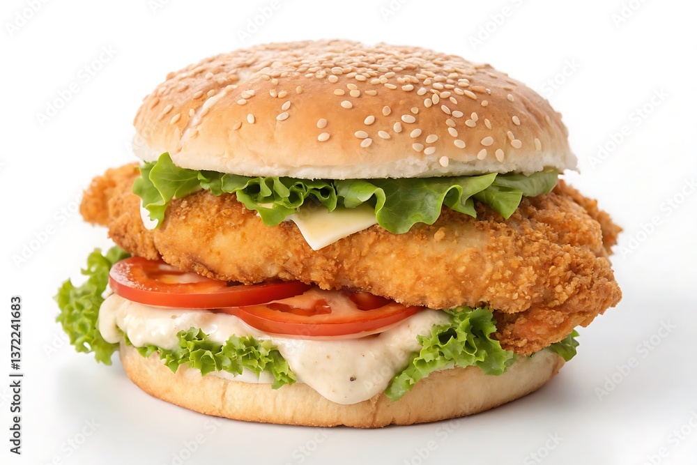 Crispy Chicken Burger Juicy breaded chicken sesame bun fresh lettuce tomato creamy sauce Bright Crispy Chicken Burger Juicy breaded chicken sesame bun fresh lettuce tomato creamy sauce Bright