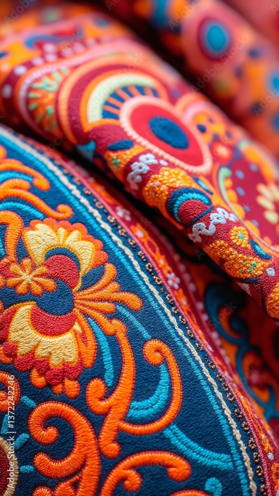 Close-Up View of Intricate Fabric with Vibrant Patterns and Textures in Warm tones and Rich Colors for Textile and Fashion Backgrounds Close-Up View of Intricate Fabric with Vibrant Patterns and Textures in Warm tones and Rich Colors for Textile and Fashion Backgrounds