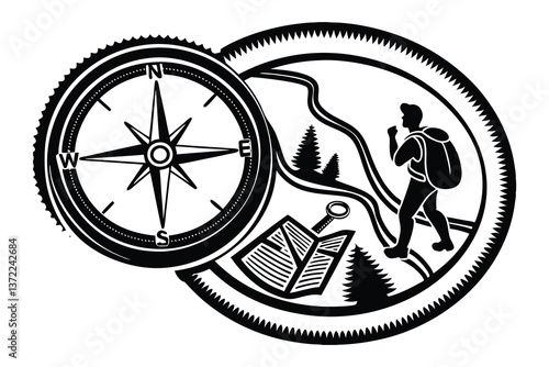 A vintage vehicle silhouette shows a man with a wheel, a spoke part of old transport design