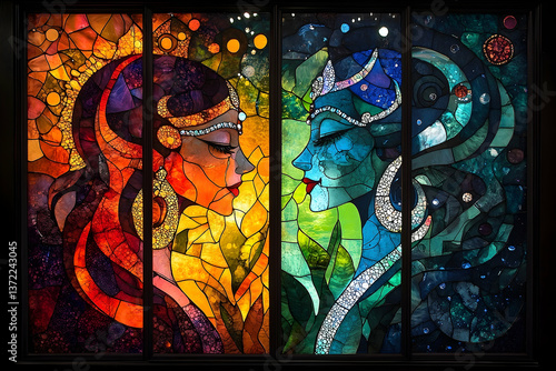 Two figures of women in a beautiful stained glass window