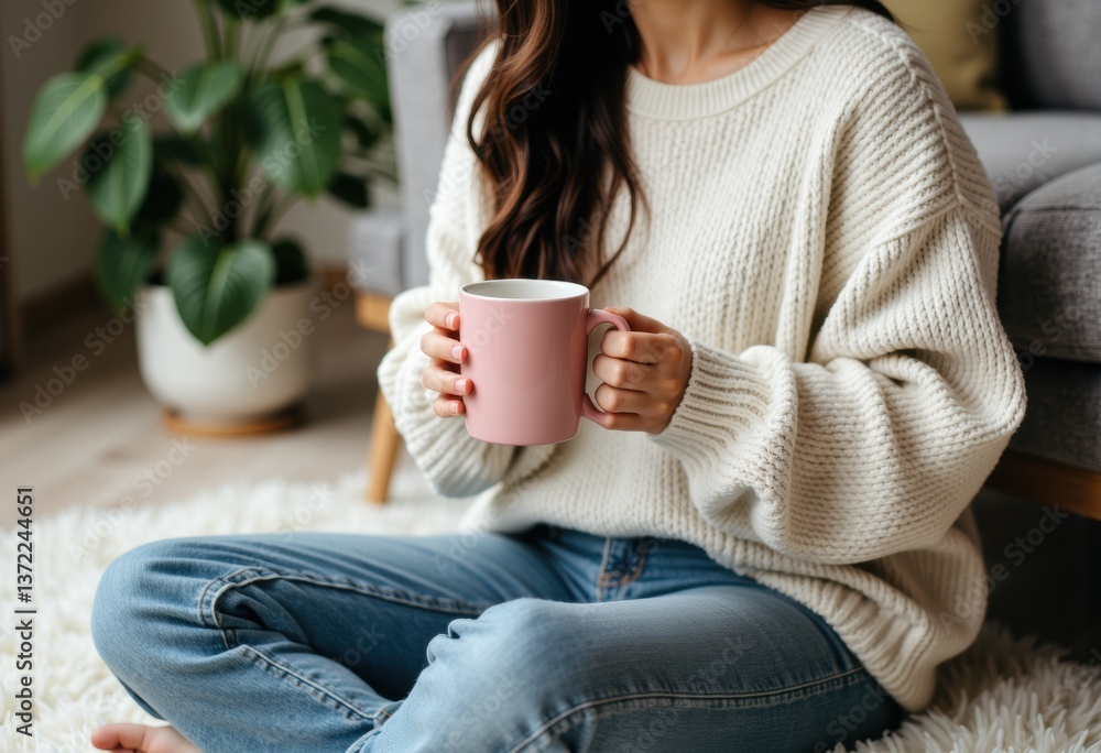 Cozy woman in a cream sweater holding a pink mug while sitting on a rug Cozy woman in a cream sweater holding a pink mug while sitting on a rug