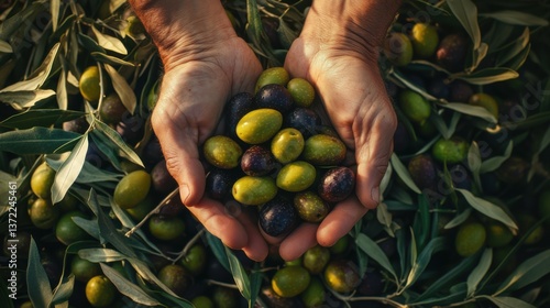 Harvesting fresh olives in an olive grove during golden hour, highlighting the rich colors of the fruits and the hands of the farmer