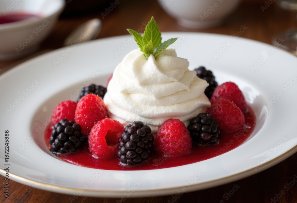 A delicious dessert featuring whipped cream, raspberries, and blackberries A delicious dessert featuring whipped cream, raspberries, and blackberries